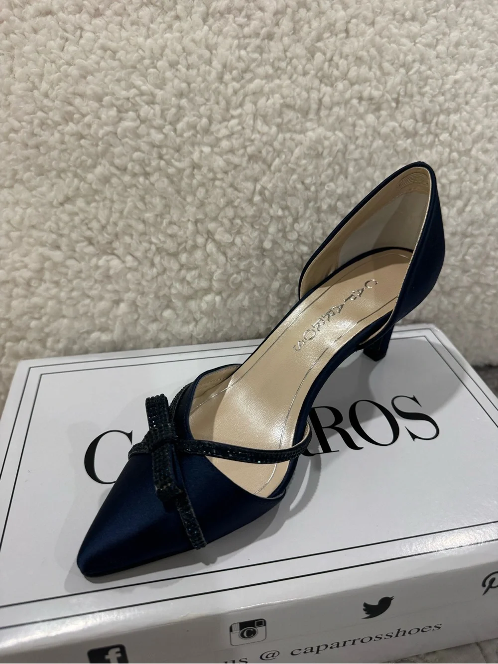 Caparros Navy Satin Pointed-Toe Pump with Bow Strap